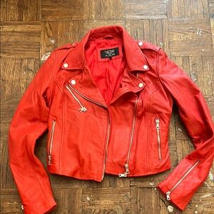 Zara TRAFALUC Red Leather Motorcycle Jacket with Zippers  soft red sz m